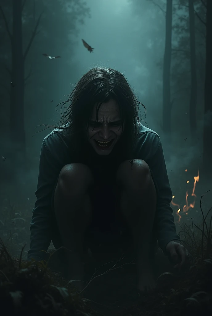 In the classroom ((in the gloomy corridor) (the wind blows up the dust) (dimly lit) (faintly)) a human-like creature with twisted limbs rushes over at high speed ((ghost) (terrifying) (scary))