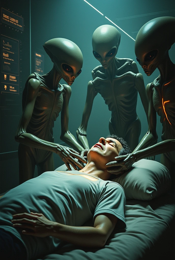 Illustrate a highly detailed and dynamic scene showcasing the dramatic rise in extraterrestrial contacts over the past few years. The sky is filled with various types of UFOs, from classic saucers to more advanced and enigmatic spacecraft, hovering above different parts of the world. In the foreground, diverse groups of people—scientists, civilians, military personnel—are gathered, looking up in awe, fear, and curiosity. Some are recording the events with devices, while others are engaged in direct communication with the aliens through advanced technology. The aliens vary in appearance, representing different species: tall, luminous beings, small Greys with large eyes, and even more abstract, ethereal forms of life. The background shows iconic global landmarks, each subtly illuminated by the presence of these extraterrestrial visitors. The scene is filled with a sense of wonder, tension, and the undeniable reality of humanity's new place in a larger cosmic community. The lighting is a mix of eerie, otherworldly glows from the ships and a natural, dusk-like atmosphere, highlighting the blending of the ordinary with the extraordinary."

