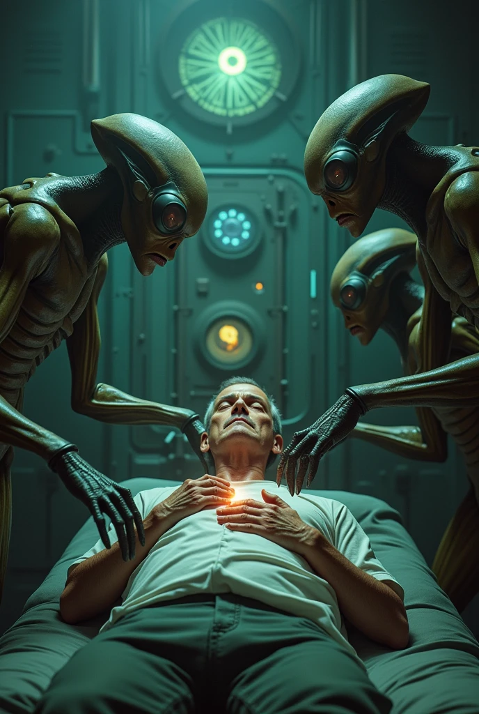 Aliens, Kidnaped Humans For the experiment, a horrifying big eyed alien, injects blue light serum into the throat of a man, who is lying in a blue water alien tub, his lower body is replace with heavy wires by aliens, spacecraft in the background (zoom and clear full image of aliens eyes)