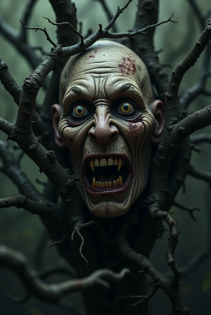 disfigured face that emerges between the branches realistic image