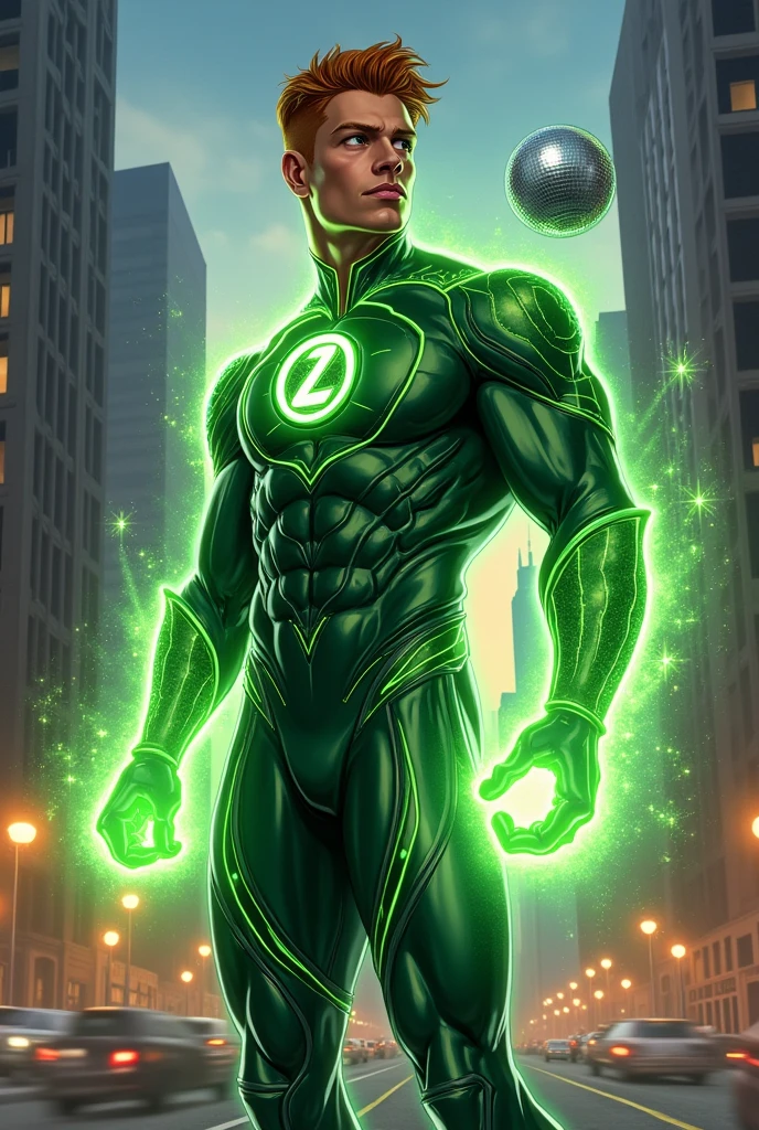A superhero, naughty man, with healing power and a green power coming out of his hands and with white and green clothes