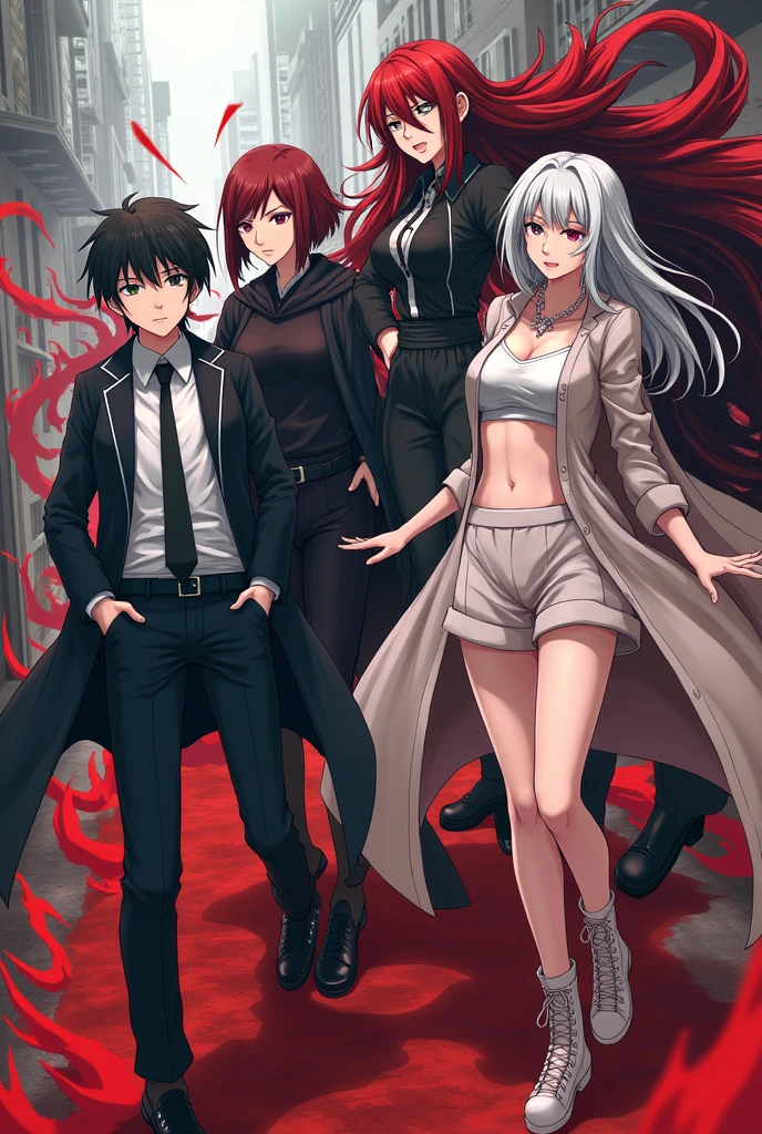 Suit and tie trio,dynamic pose,nervous expression, with red background,death note style, (((looking in different directions, one sitting, one standing in profile, and another with her hand on her face)))
