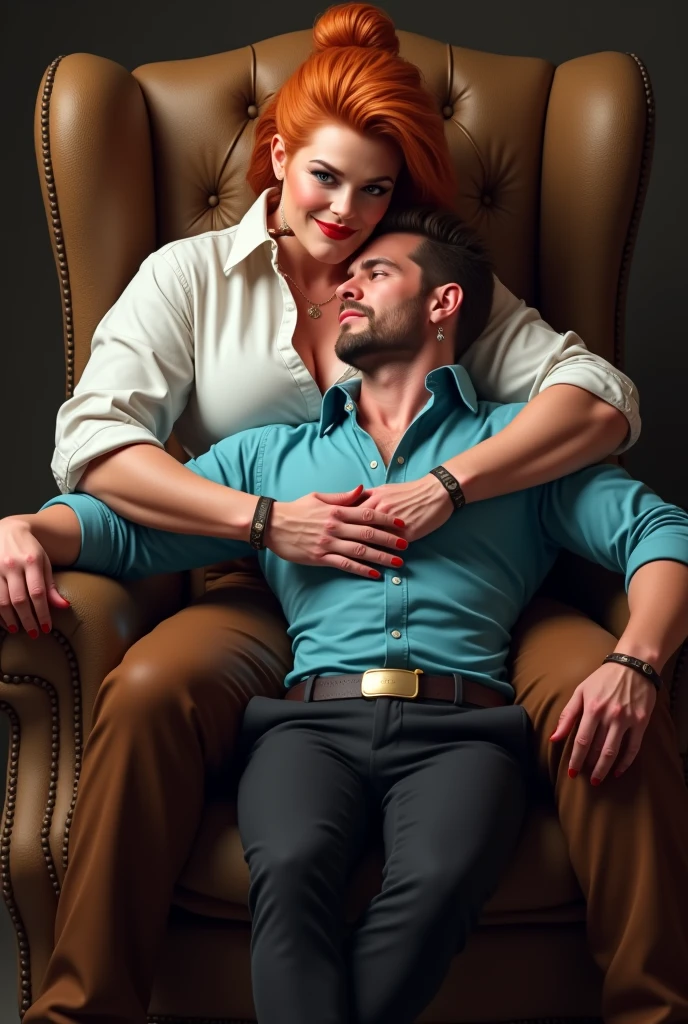 170 cm tall, 24-year-old woman with very pale skin, vibrant maroon wavy medium-length layered hair, parted to the side, fit figure, long turquoise top, black pants and grey flats with a tentative expression sits next to a very tall 209 cm tall, 29-year-old muscular attractive man with black short layered swept back wavy crew cut hair, short black facial hair, shirtless, Mediterranean-Native American features, black t-shirt and black cargo pants kind smile expression, sitting on the other side of chaise lounge nestled underneath a window inside a huge empty dark wood library. Photorealistic, cinematic.