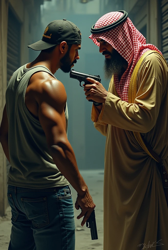 Young strong bearded Brazilian cafuzo police officer in military tactical police uniform, Lottery, elite, boina preta, armed, approaching searching a black criminal offender with his hands raised behind his head in white underwear on the street.