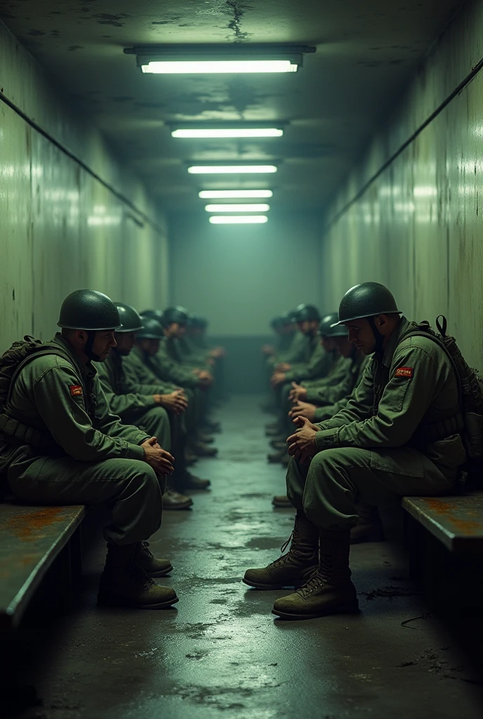 Soldier lying on the floor of the back of a military truck, he sleeps peacefully because the war is over. There are 4 more soldiers who are sitting with their heads down on the side of the rear, because they are tired. The room is lit by a yellowish light flashlight., It's night and it's raining.