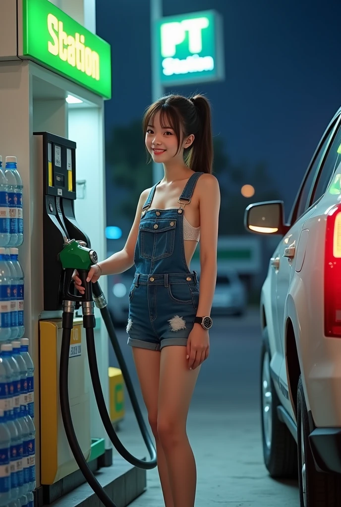 Top image quality、超A high resolution、masutepiece、Photoquality(photographrealistic:1.8)、pores、accuracy、realistic skin textures、(Fine hands)、(Skinny Legs)、Japan women、17 age、Point your body at the camera、Frontal、Black-haired、Her hair is tied back of her head.、Chignon、Girl with a cute smile、Slender girl、tiny chest、Wear white work coveralls、The front opening is a button、Roll up your long sleeves、long trousers、tits out、I opened my chest、The chest is visible、Wearing work gloves、mechanic、Holding an impact wrench in your hand、Soot on face、Tire change、Shine a light into the eyes、open open mouth、laughing out loud、