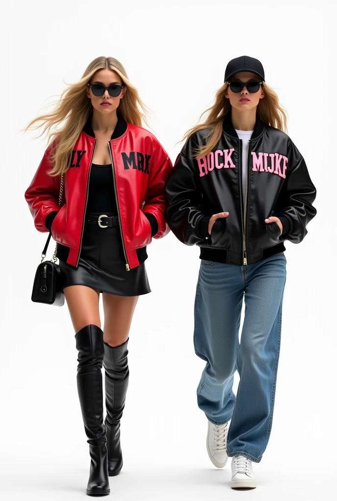 Beautiful blond hair womans, one woman wearing red Leather bomber super oversize jacket with black text and leather skirt and leather belt and long leather boots and black dark glasses and leather bag and walking ,one woman wearing 
black Leather bomber super oversize jacket with pink text and jeans baggy wide leg and white shoes and black cap and walking in the white screen