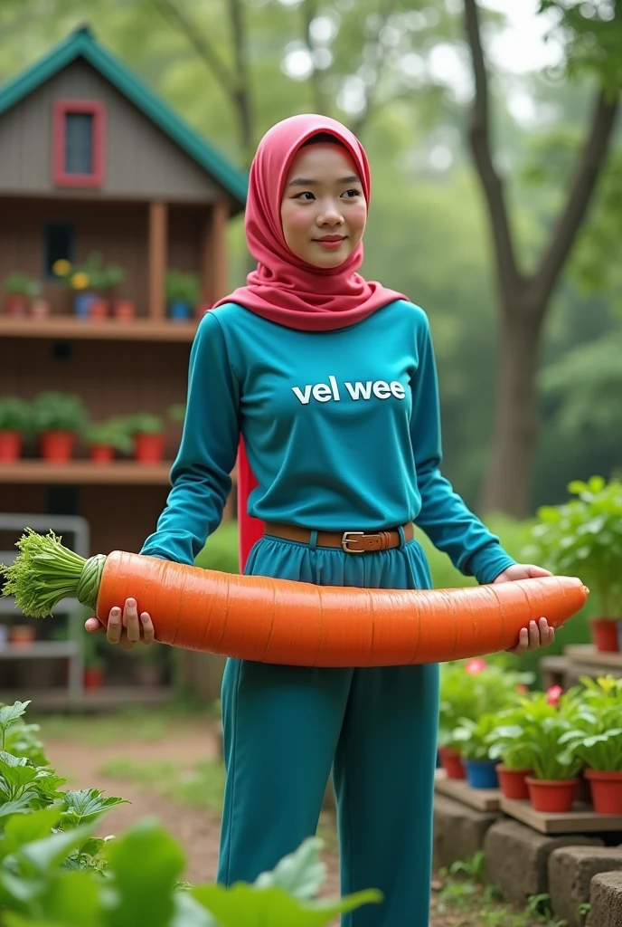 beautiful Korean woman wearing a hijab, wearing a yellow crop top with the words "POWERMEN", right hand holding a large, long eggplant, at the end of the eggplant there is thick milk dripping, left hand looking up, white begron