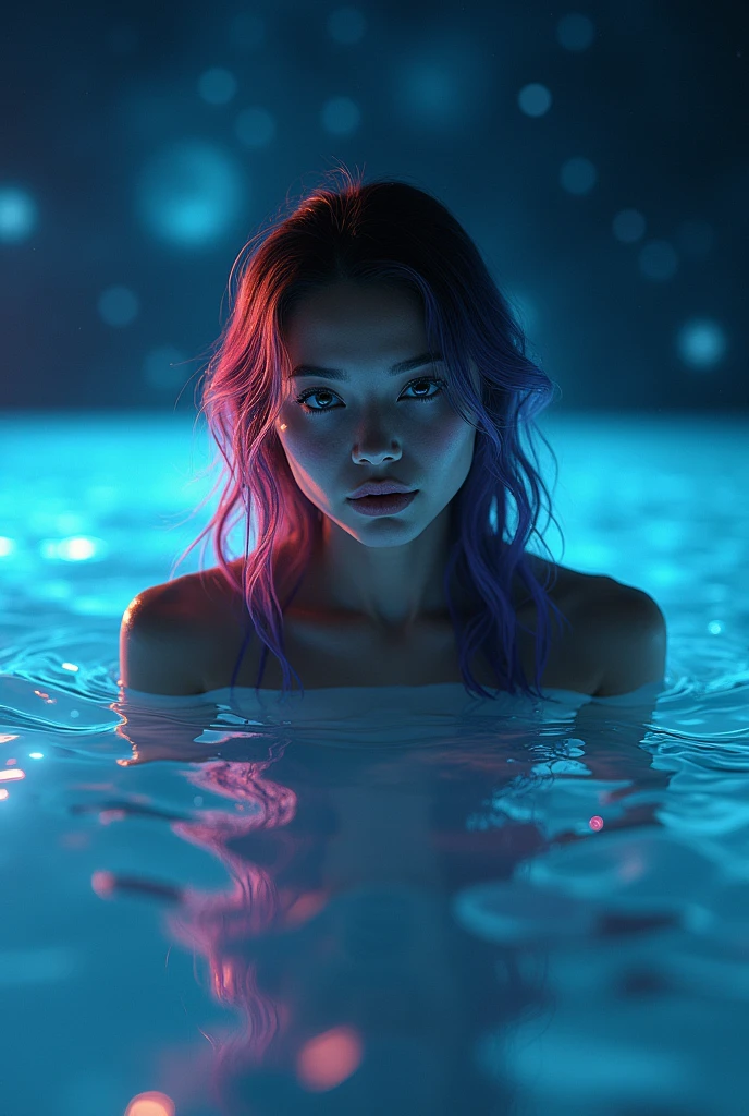 cute anime (zombie girl) with (dark purple straight hair), freckles, (((blue skin))), (((pink eyes))), pink nose. Taking a sunbath floating on the water in a pool, the water of the pool has glitter.