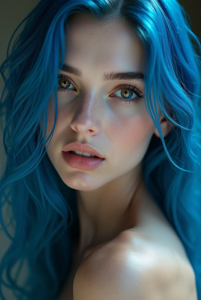 Full lenght, make a girl indistinguishable from reality, blue hair, narrow face, grey eyes, girl, 18 years old, slim figure, almond-shaped eyes, button nose, full lips, european appearance, ultra highly intricate detailed, black eyeliner, over knee stockings, looking at the camera, professional photography, ultra sharp focus, very beautiful, naked