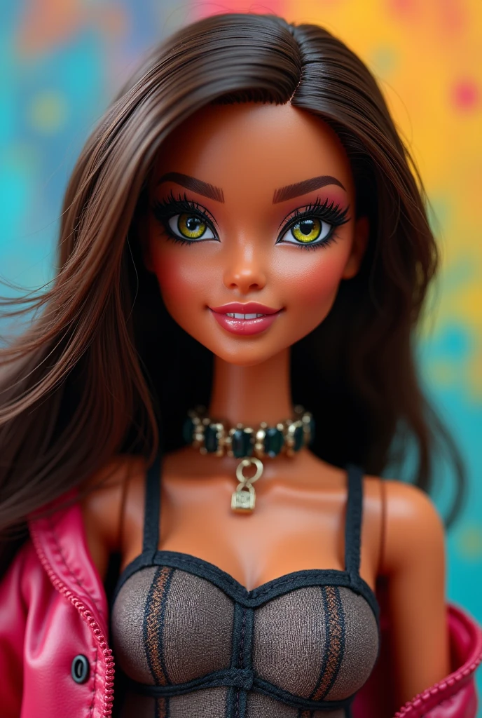 Bratz with brown long straight hair, black eyes with red lips and long eyelashes, wearing a pink top. Standing looking in profile