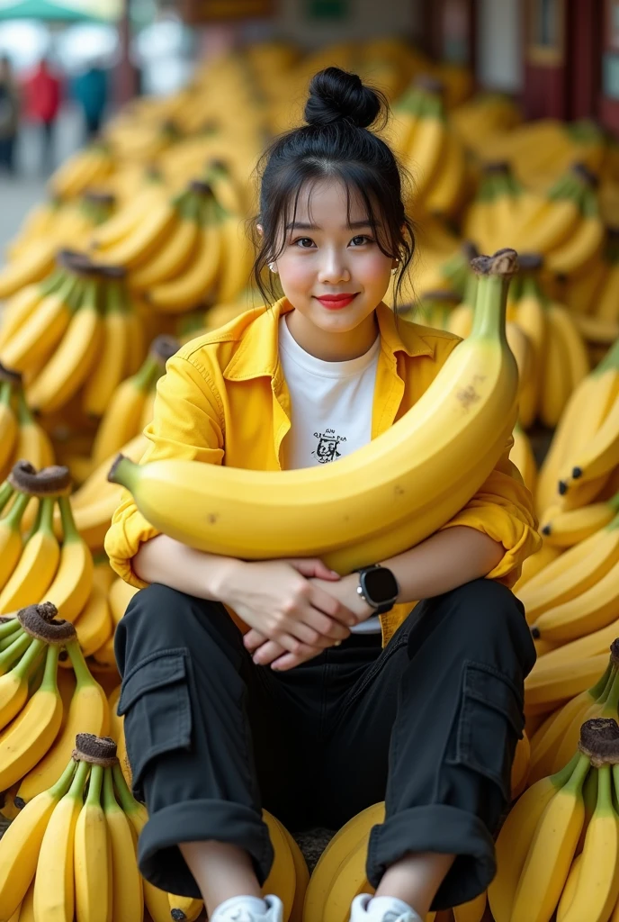 generate a beautifull girl wearing yellow two piece suimsuit, posing for ads, holding banana, banana ads, at traditional market, (((eating banana:1,2))), hologram, digital, banner behind with text: Best Banana 100% pure, masterpiece, best quality:1.2),,(8k,highres,RAW photo,realistic,photo-realistic:1.3),(detailed skin texture,detailed cloth texture,beautiful detailed face:1.25),professional lighting,photon mapping,beautiful soft light,radiosity,physically-based rendering,raytracing, model shoot style, model shoot style, (extremely detailed CG unity 8k wallpaper), full shot body photo of the most beautiful artwork in the world, (((nsfw))), ((expensive camera photoshoot))