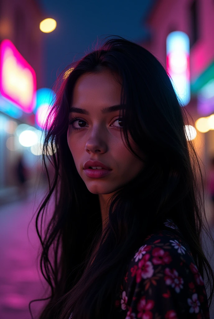 HD, high quality, city, analogic, film, nocturn, neon, lights, sexy female model, perfect face, fog, black and purple