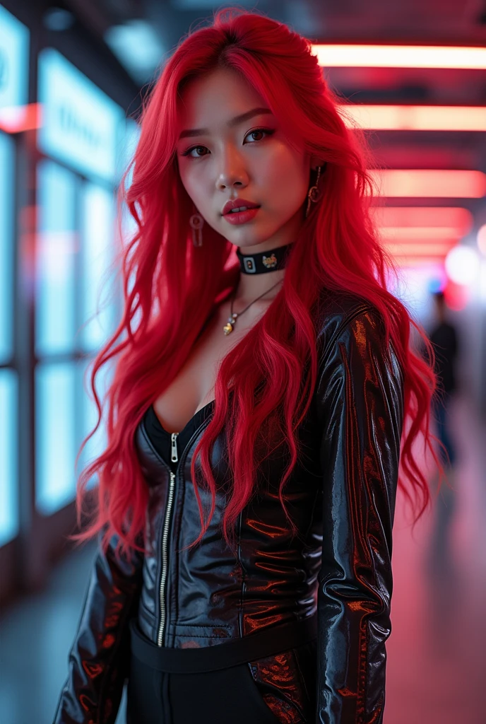 A Korean girl in her 20s with red long hairs and wearing a black bralette and on top of that a black leather jacket and a black leather pants