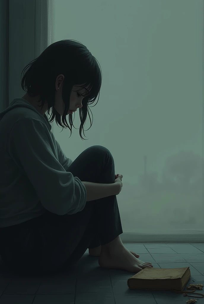 Wet day、Window、Crouching woman、New York apartment