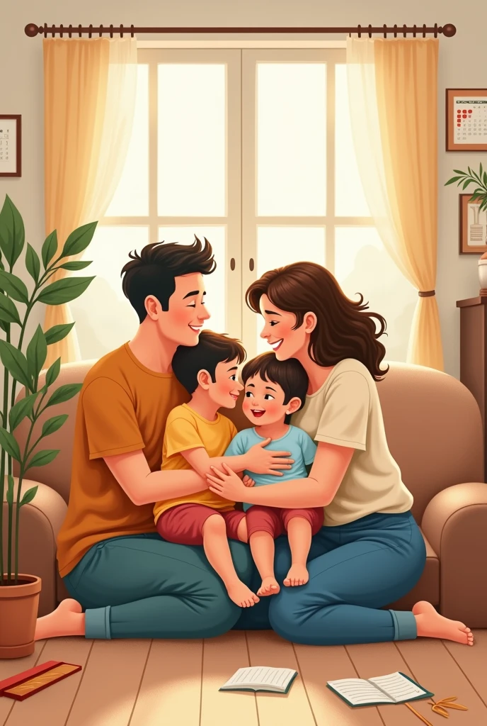 create an image that best describes the following story “
A father and mother both work full-time jobs, but while the mother is often praised for balancing work and home, the father is criticized for not spending enough time with the kids. One weekend, the father decides to stay home with the children while the mother goes on a work trip. By the end of the weekend, the father feels overwhelmed and gains a newfound respect for his wife’s daily efforts. However, he still believes that the responsibilities should be seen as equal, sparking a heated debate: Should society expect different things from mothers and fathers, or should they be held to the same standard in both work and parenting?”
