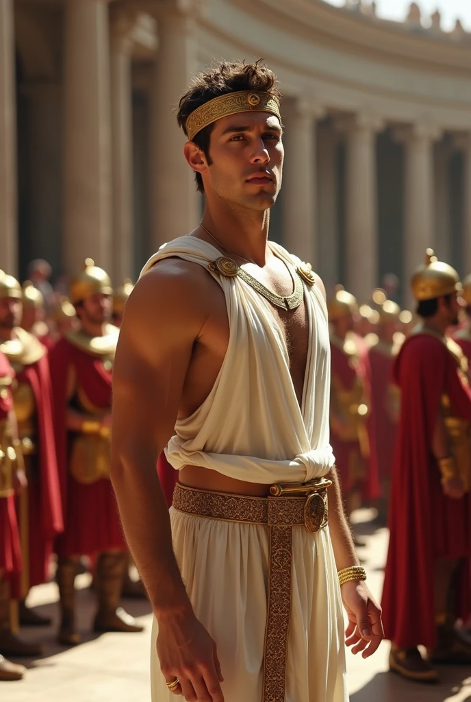 (best quality,4k,8k,highres,masterpiece:1.2),ultra-detailed,(realistic,photorealistic,photo-realistic:1.37, A young man, Alexander the great, standing in the market place surrounded by his 3 guard, wearing a golden crown, realistic greek style, shocked an smiling expression.