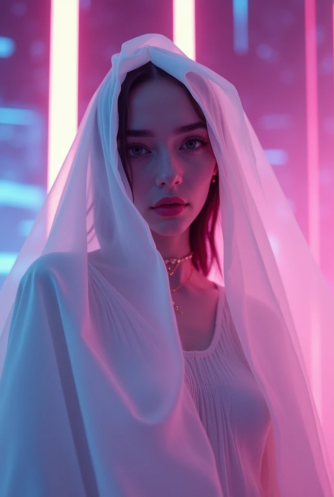 Abstract style hauntingly ethereal portrait of a mysterious figure draped in translucent fabric, crystals adorning their hair, amidst a dreamlike swirl of pastel hues and soft light, evoking a sense of calm serenity and elusive beauty, high detail, award winning masterpiece with incredible details . Non-representational, colors and shapes, expression of feelings, imaginative, highly detailed