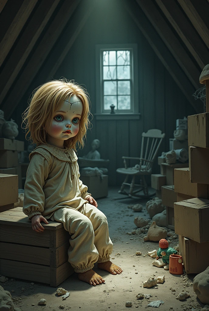 Hyperrealistic digital painting of a toy doll conducting terror, caught in a singular beam of light piercing through the dusty gloom of an abandoned house, soft natural, volumetric light spotlighting doll, eerie ambiance, winner of 35awards, 32k ultra HD, realistic, vivid colors, highly detailed, pen and ink precision, perfect composition, intricate detailing, insane octane render, trending on ArtStation, 8k artistic photography, photorealistic concept art, cinematic