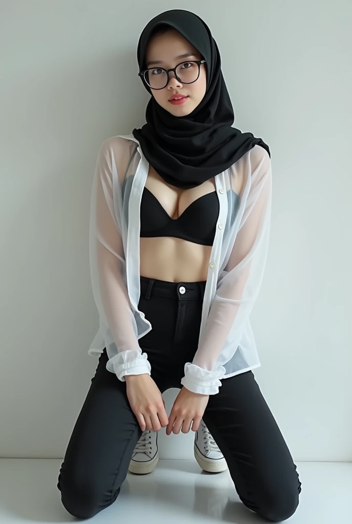 a girl wearing black hijab at home.. wearing white oversize crop top.. wearing white FACEMASK.. wearing g string underwear only.. no pants.. she in the bathroom fully wet... her hands straight above her head.. she was wet in the bathroom.. soft stomach.. less lighting