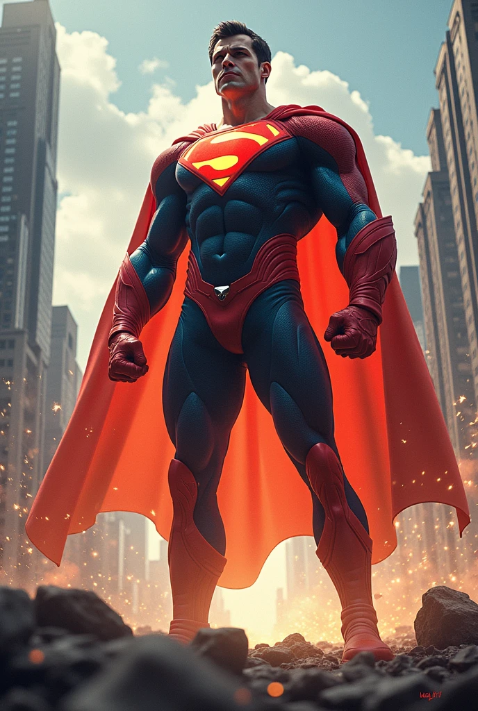Spawn a hero that can fly, be strong, be fast, have laser vision, have a black suit with a red diamond-shaped symbol on his chest, That his gloves and boots are red and his cape is also red. That the drawing style you generate is similar to the 3D animation of the animated series What If.