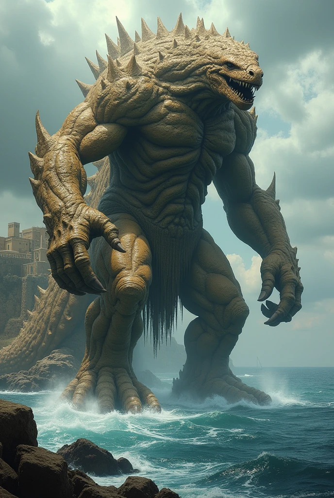 beach, humanoid Leviathan, about 2 meters tall, a chain with an anchor attached, swinging the chain above his head,