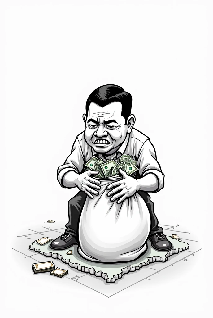 black child low side hair military style hair. no earring angry face holding a big bag of money, and gnawing on the bone