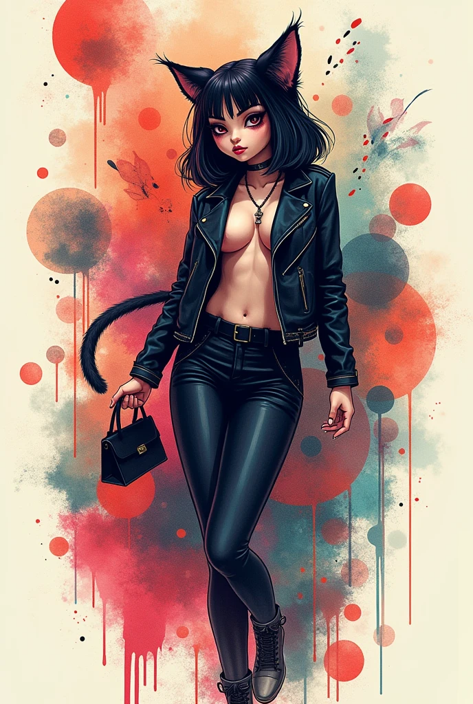 Sexy brunette short black haired messy goth girl wearing leopard leggings outfit showing off her breasts as she sticks her ass seductively behind the wall nsfw hot sexy poses