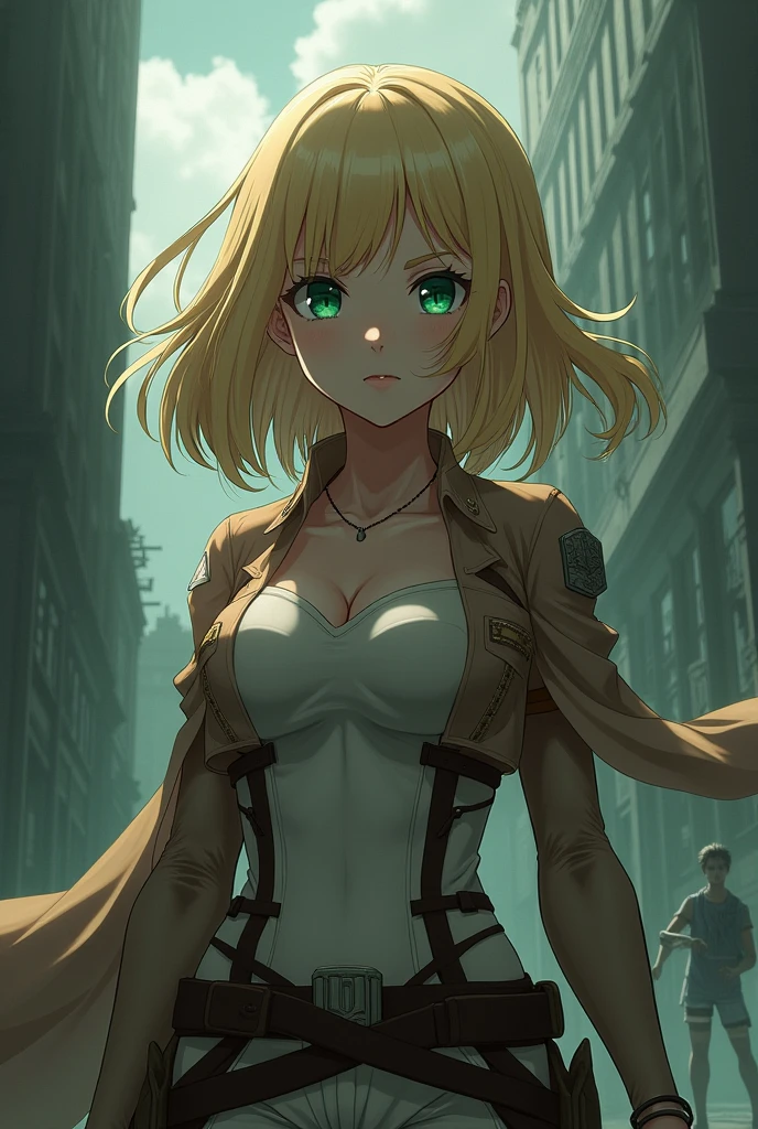 Beautiful anime titan girl ,  blond hair to the shoulders ,  green eyes ,in the style of attack on titans 