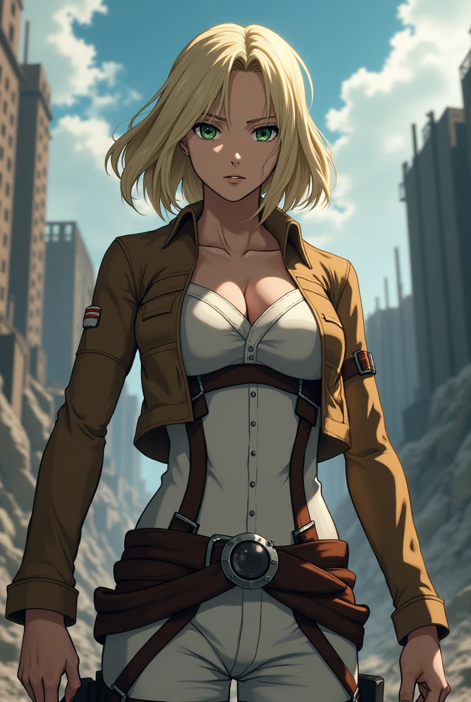 Titan Girl ,  dark blond hair shoulder length,  green eyes ,in the style of attack on titans 