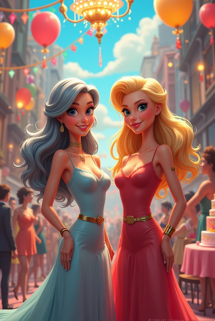 (full body photo:1.5), 2 curvy women, adult faces, masterpiece, best quality, beautiful detailed eyes, (Yellow purple to orange fade hair, blue eyes), (short red hair, green eyes), parted lips, smiling, extremely detailed, large breasts, insane details, intricate details, hyperdetailed, street corner, Pencil dresses, eyeshadow, lipstick, music notes swirl around them, waves of color, retrofuturism, <lora:n15g_aio_hairstyles-1.0:1>, ojou curls, double bun