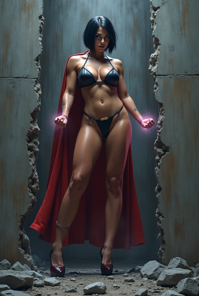 Two long thighs, yellow eyes, blonde hair, short hair, large breasts, detached sleeves, very white background, royal tiara, long cape, yellow tiger bikini, high heels, hands on hips. red tattoo on belly navel, full body female MILF BIMBO, lustful smirking smile face (red blush), metal shoulders, golden bracers sleeveless, black choker sex slave