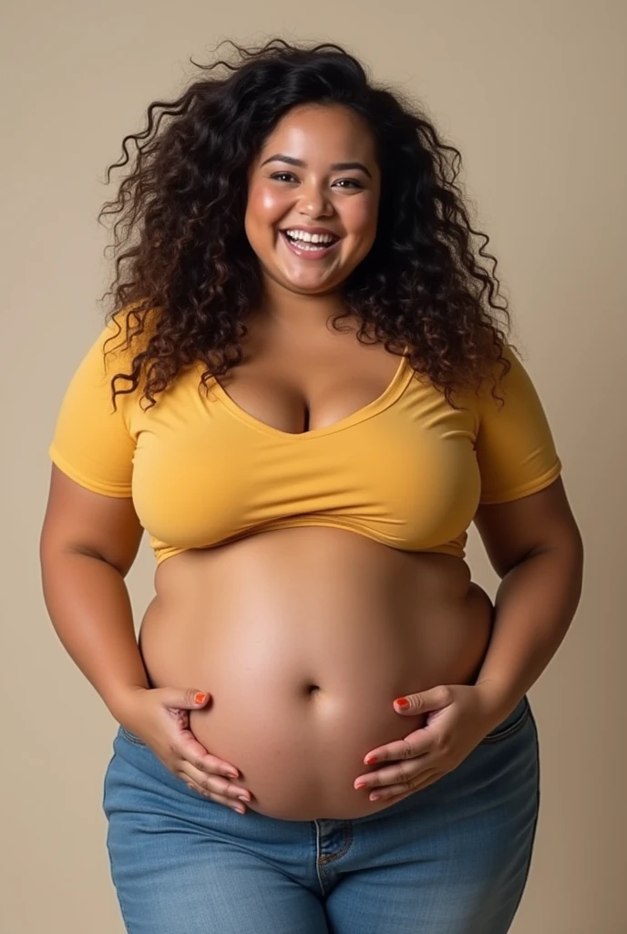 Giantess, Super tall arabic girl. ((3 meters tall))Wearing jeans and a t-shirt., busty, breasts sticking out of shirt. Smiling, blushing. Massive girl. Taller than The roof. Belly exposed. Teenager. ((Photo taken from her belly Button level))