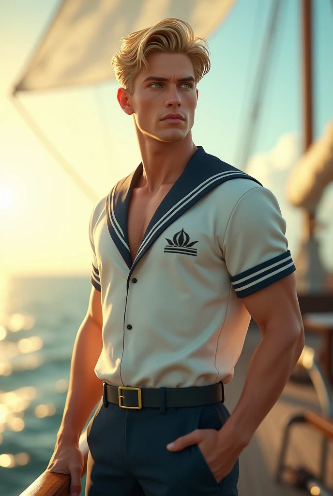 <lora:Dragosh_Moldovan_GV:1> 1 boy, lovely light brown eyes, short brown hair, handsome, college student, Masterpiece, photo-realistic, Crystal clear, highly detailed, An incredibly attractive, stunningly handsome (masculine), a very (handsome) handsome, dressed as sailor, <lora:Clothing -  Sailor:0.5>, wearing hat and (striped shirt) and flared white pants, sailor collar, Ralph Lauren, fashion photography, vogue-magazine, nautical background, soft confident expression.