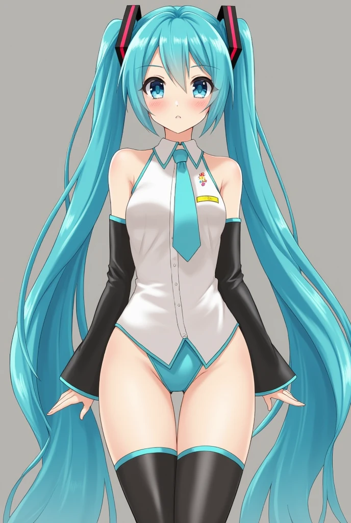 hatsune miku, 1girl, solo, long hair, breasts, looking at viewer, smile, simple background, thighhighs, white background, twintails, standing, swimsuit, full body, small breasts, boots, aqua eyes, hand on hip, one-piece swimsuit, aqua hair, skindentation, thigh boots, highleg, competition swimsuit, highleg swimsuitclosed eyes, tears in eyes, open mouth, saliva residue, wet skirt hem, sticky panties, bulging vibrator cord, vibrator with garters, visible pussy, visible vaginal opening, visible vagina, visible vulva