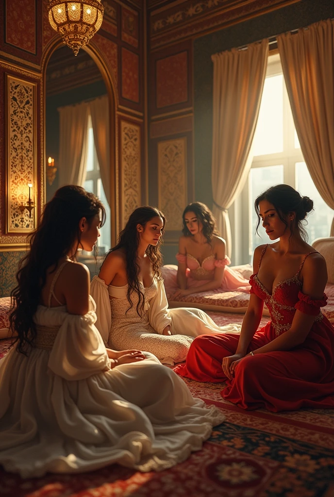 Lady Seraphina d’Aurelis is depicted in a personal, private moment in her opulent chamber, accompanied by her five ladies-in-waiting. The women are all dressed in elegant yet comfortable sleeping gowns, each reflecting their individual styles—Althea in a dark, sophisticated gown, Isolde in a more functional yet luxurious attire, Morgana in robes with mystical patterns, Selene in a seductive yet tasteful gown, and Eveline in simple, practical nightwear. Seraphina, in the center, exudes an air of quiet command, even in this relaxed setting. The chamber is softly lit by candlelight, creating a warm and intimate atmosphere. The women are engaged in conversation, perhaps sharing a drink or discussing their latest schemes, their expressions reflecting the deep trust and dark bonds they share. The setting emphasizes the luxury of Seraphina’s chamber, with rich fabrics, plush furniture, and intricate details. The art style is realistic, capturing the complexity and subtle dynamics of their relationship in a dark fantasy setting.