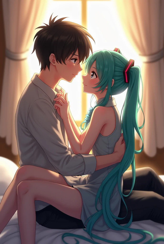 masterpiece,best quality,1girl,hug,arms around neck,(1boy,Naked boy),kiss,(hetero),spoken heart,short sleeve,(white) serafuku,(green) sailor collar,(green) pleated skirt,twintails,white ribbon,white thighhighs,very long hair,hug,<lora:upright_front_above_50:1>,