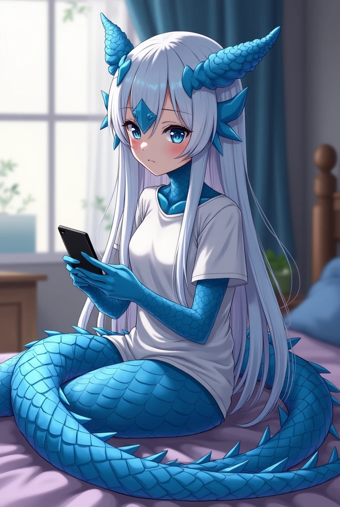 An adult white anime girl with a white t-shirt, long white hair, shiny blue eyes, and a long, creeping blue tail and a very wide dragon's tail is working on her cell phone in her room, her whole body covered in shiny blue scales, even on her face.