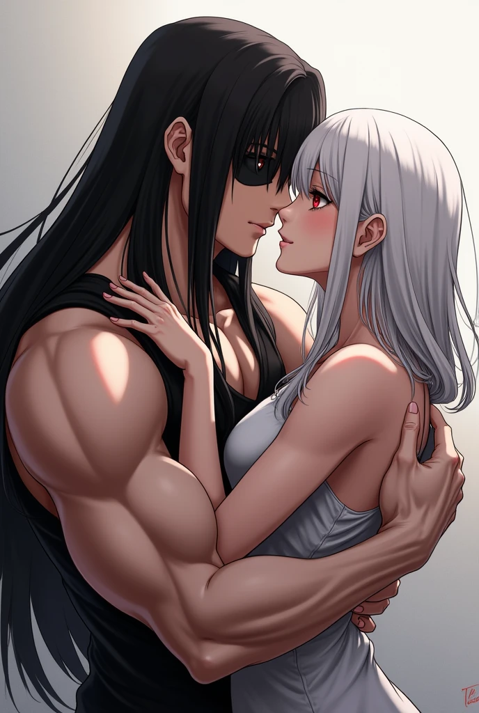 anime mature muscular man,he had a very short hairstyle with black colour,he had black wings behind him and beard,scenery is beauty,beside him there was a woman with long silver hair and red eyes,she wearing a white dress,they hugged each other and smiling,scenery is aesthetic behind them