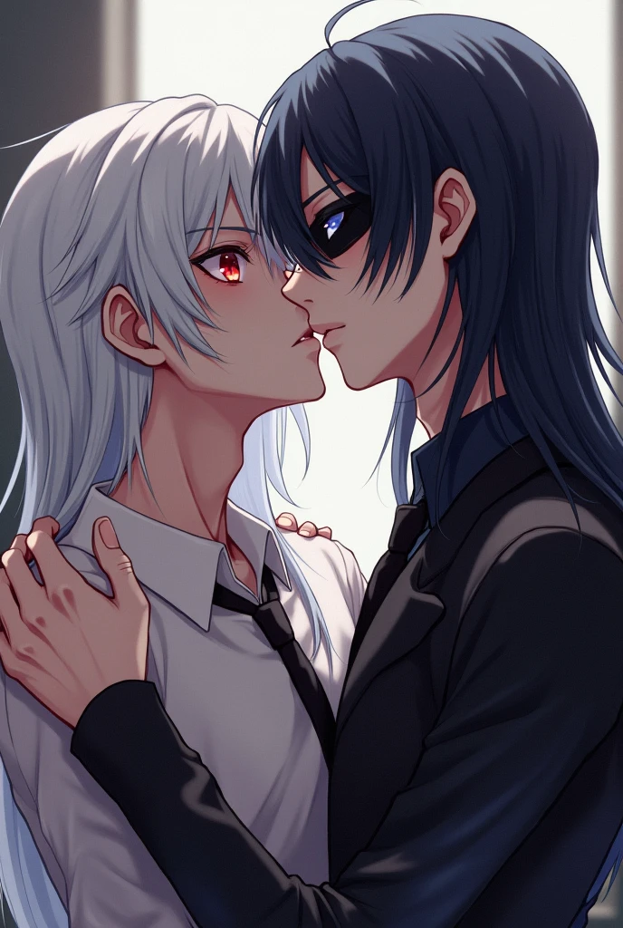 two males, 2 anime assassins, with long black hair freckled skin intimatelykissing, handsome, with long white hair, blue/grey eyes half way closed, facial expressions of happiness and love, intimatehug, Dark fantasy romantic semirealistic manga comic style. Volumetric and dynamic lighting. Hyperdetailed photorealistic hyperrealistic, Stunning dark fantasy,perfect body and face, Dark fantasy romantic semirealistic manga comic style, Volumetric and dynamic lighting, Hyperdetailed photorealistic hyperrealistic, Stunning dark fantasy,"