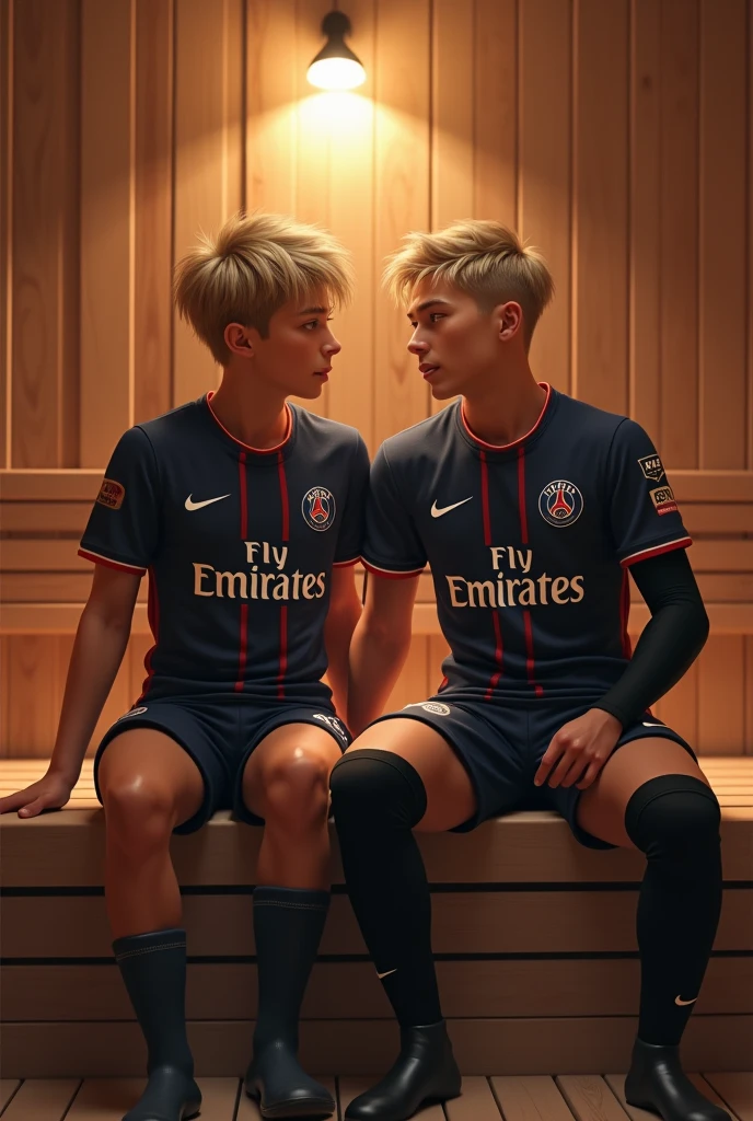 two gay male playing footsies in soccer socks