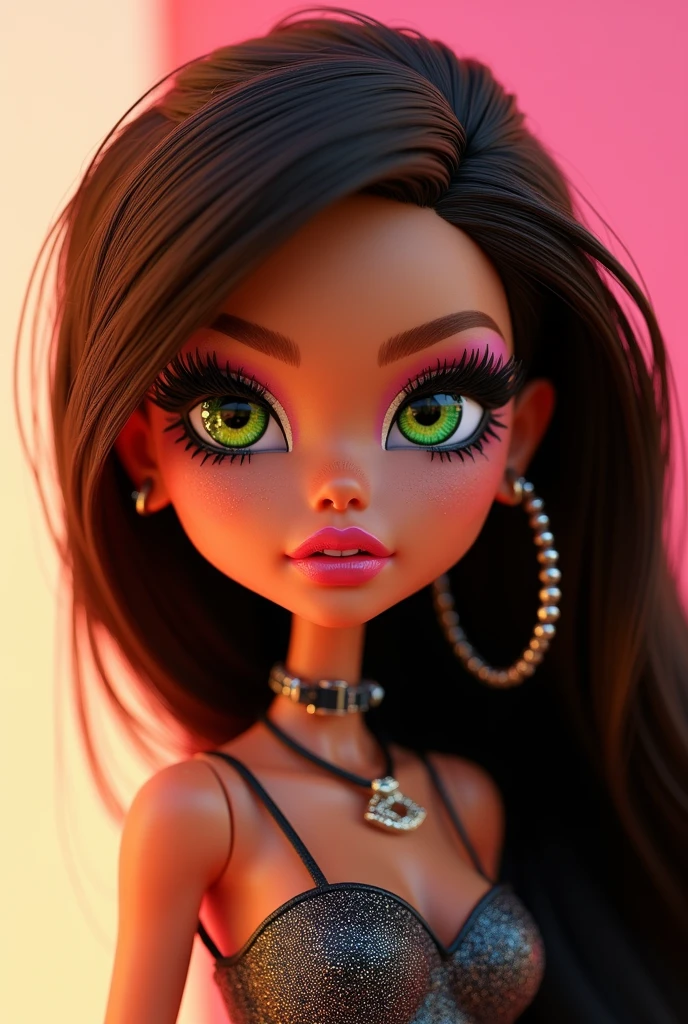 create an image of a bratz style doll from the cartoon series with long straight black hair, green eyes, white skin and very stylish