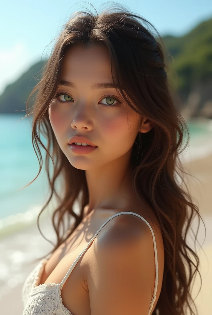 (((nude, naked))), mdnn, (sharp focus:1.2), portrait, attractive young woman, (beautiful face:1.1), detailed eyes, luscious lips, (eye makeup:1.2), (tight body:1.2), at (the beach:1.2). (morning sun lighting:1.2), depth of field, bokeh, 4K, HDR. by (James C. Christensen:1.2|Jeremy Lipking:1.1).