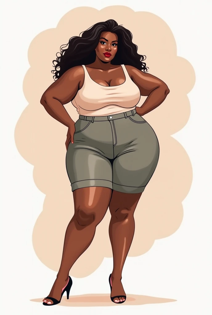Create an image for me of a plus size woman, animated, not super fat at all full body, she has a fun pose, NOT BASIC, not in a lot of clothing, so you can see her body, shes not that fat, just tiny tummy thick thighs big boob