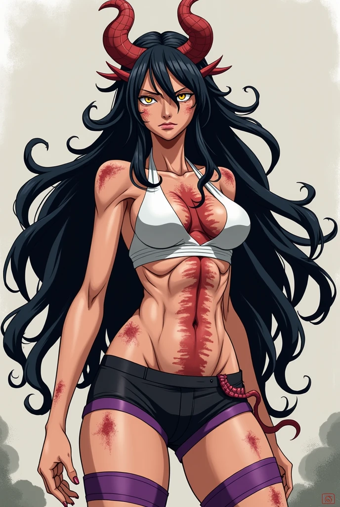 Make a dark-haired werewolf, long muzzle, red pupils, Long Tail, long and spiky hair, large breasts covered in hair, Muscular thighs covered by their hair, and six-pack abs covered by his dark hair, do her in your Sexy female werewolf transformation