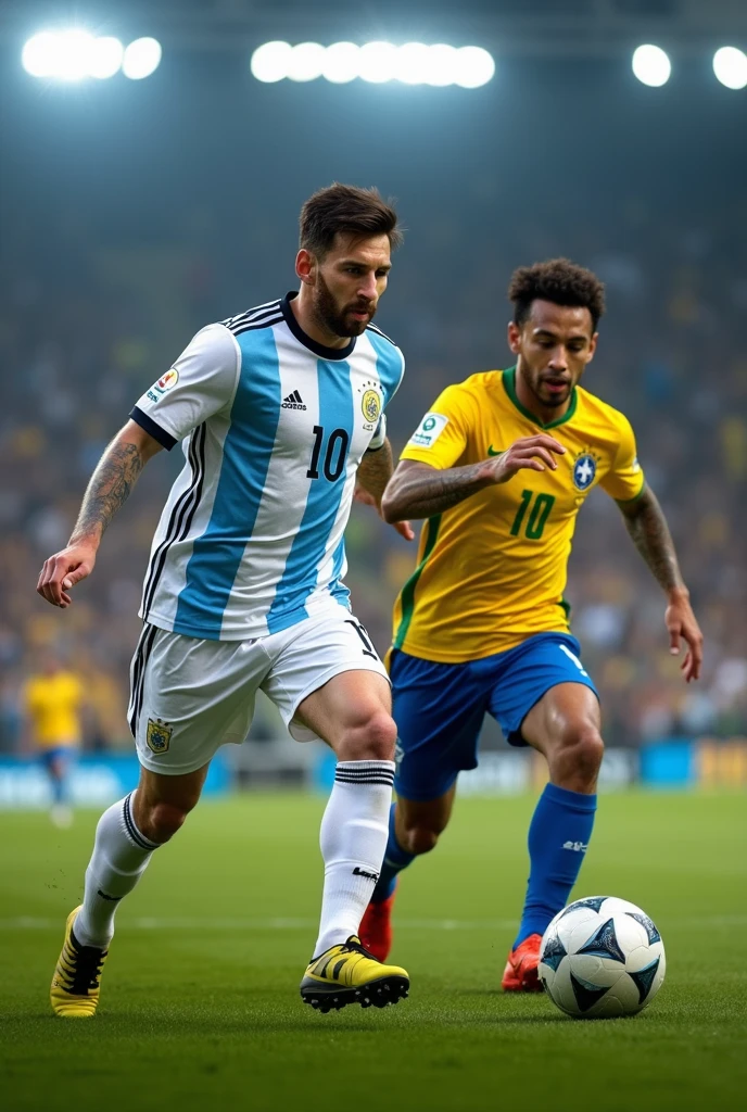 Messi and neymar dribbling football ball with brazil and Argentina national team Jersey