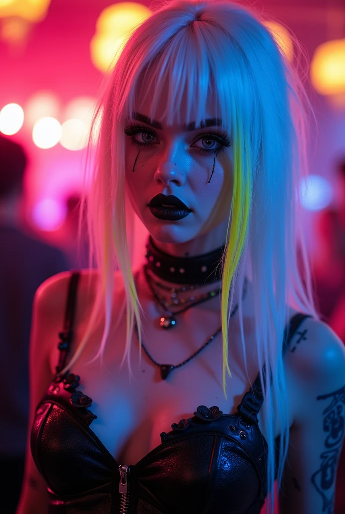 ((full body)) entire body, raw photo, professional photo, photograph of lady gaga as harlequin, pigtails blond, black boots, blue and pink hear, wearing a ghotic punkrock black swimsuit, harlequin makeup, against black solid background, defocus photo, film grain, soft light, bright LUT, 180mm, f2 aperture, double exposure, detailed eyes, glitch portrait, kodak portra 400, joker style.