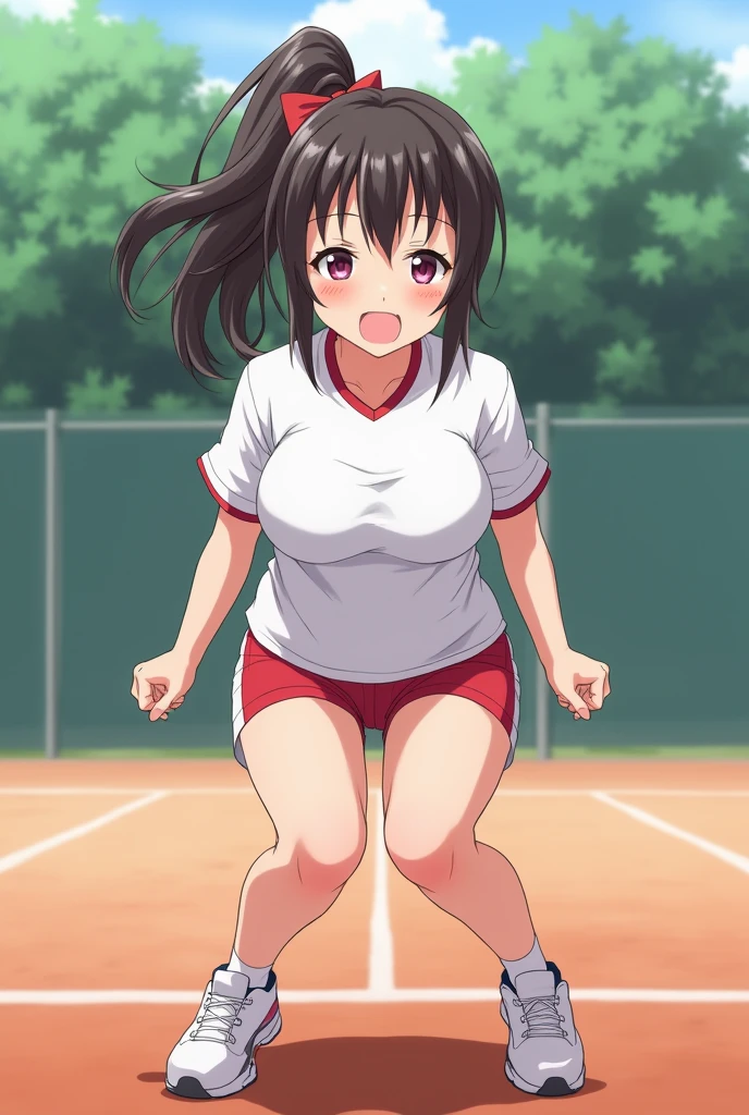 <lora:YuiTachibanaXLpony001>,looking at viewer,smile,parted lips,
solo,
YuiTachibana,1girl,black hair,ponytail,purple eyes,
large breasts,
white shirt,green bowtie,
pleated skirt,thigh,
full body,running,motion_blur,breasts swinging up and down,