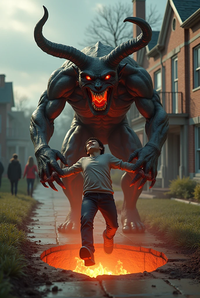 Red Satan talking to someone who pushes a child to the ground 