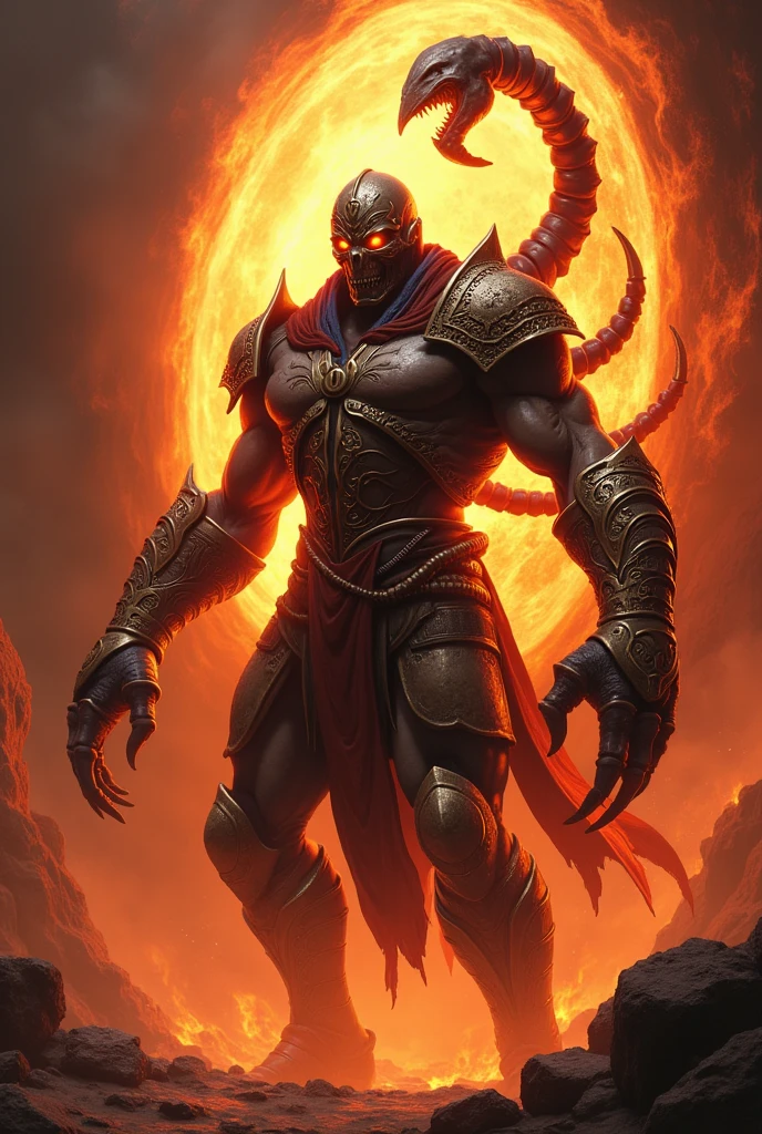 a very evil demon, powerful, extremely strong body, very muscular, wearing armor forged in darkness,(((in the background hell, gushing fire))).